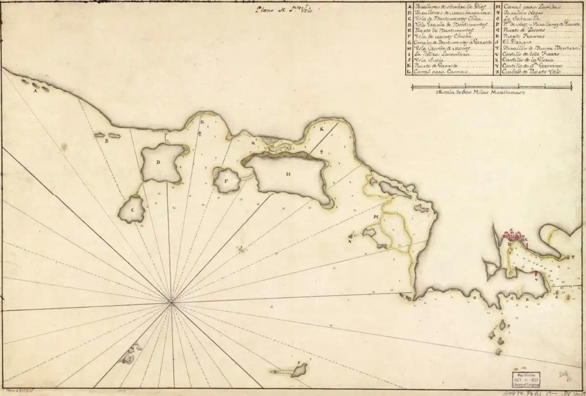 Plano de Puerto Velo: mapa de la costa noreste de Panamá, de Porto Bello a Nombre de Dios, basado en un mapa español hacia 1700.