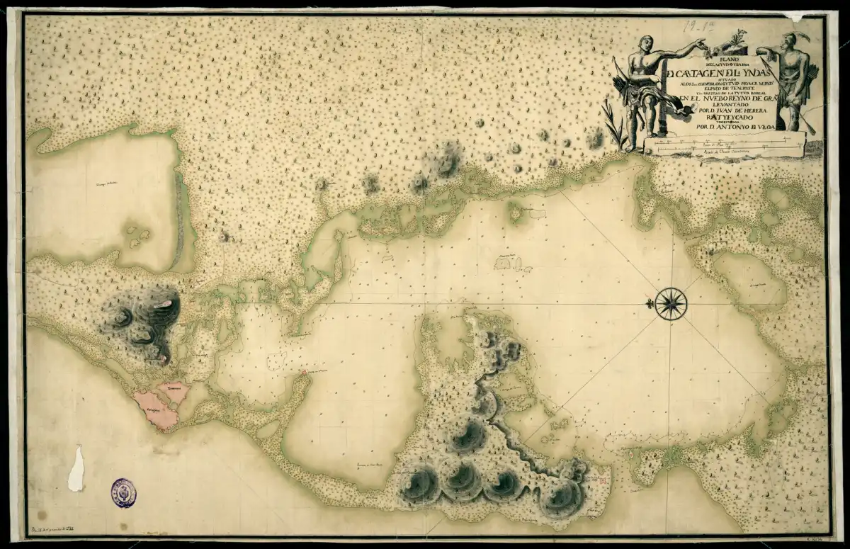 Mapa manuscrito a pluma y acuarela de 1735 de Antonio de Ulloa, basado en uno de Juan de Herrera de hacia 1721, que detalla la bahía de Cartagena de Indias y su costa, entonces en el Virreinato de Nueva Granada.