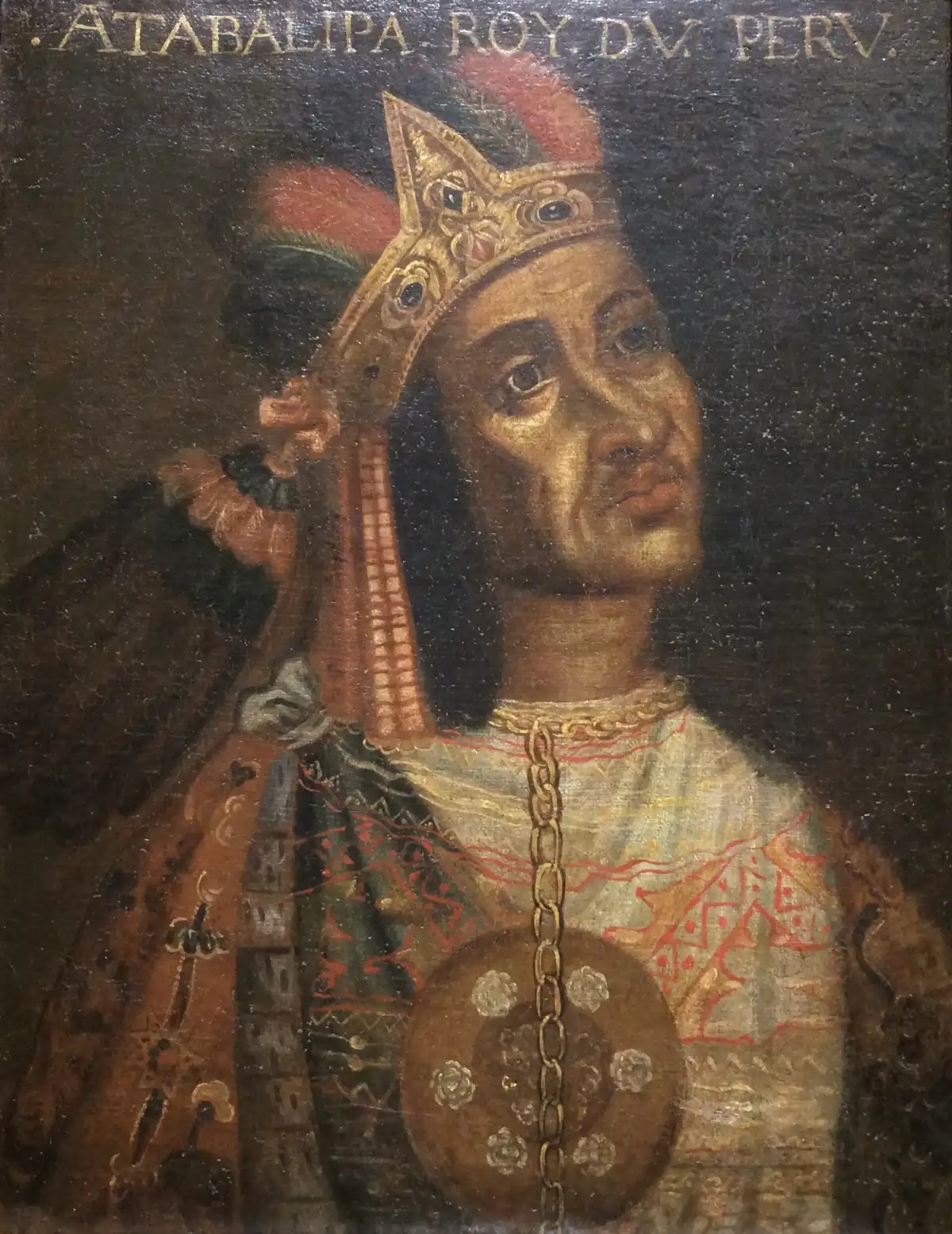 Retrato del inca Atahualpa, último soberano libre del Imperio inca, según la serie de retratos de la escuela cuzqueña
