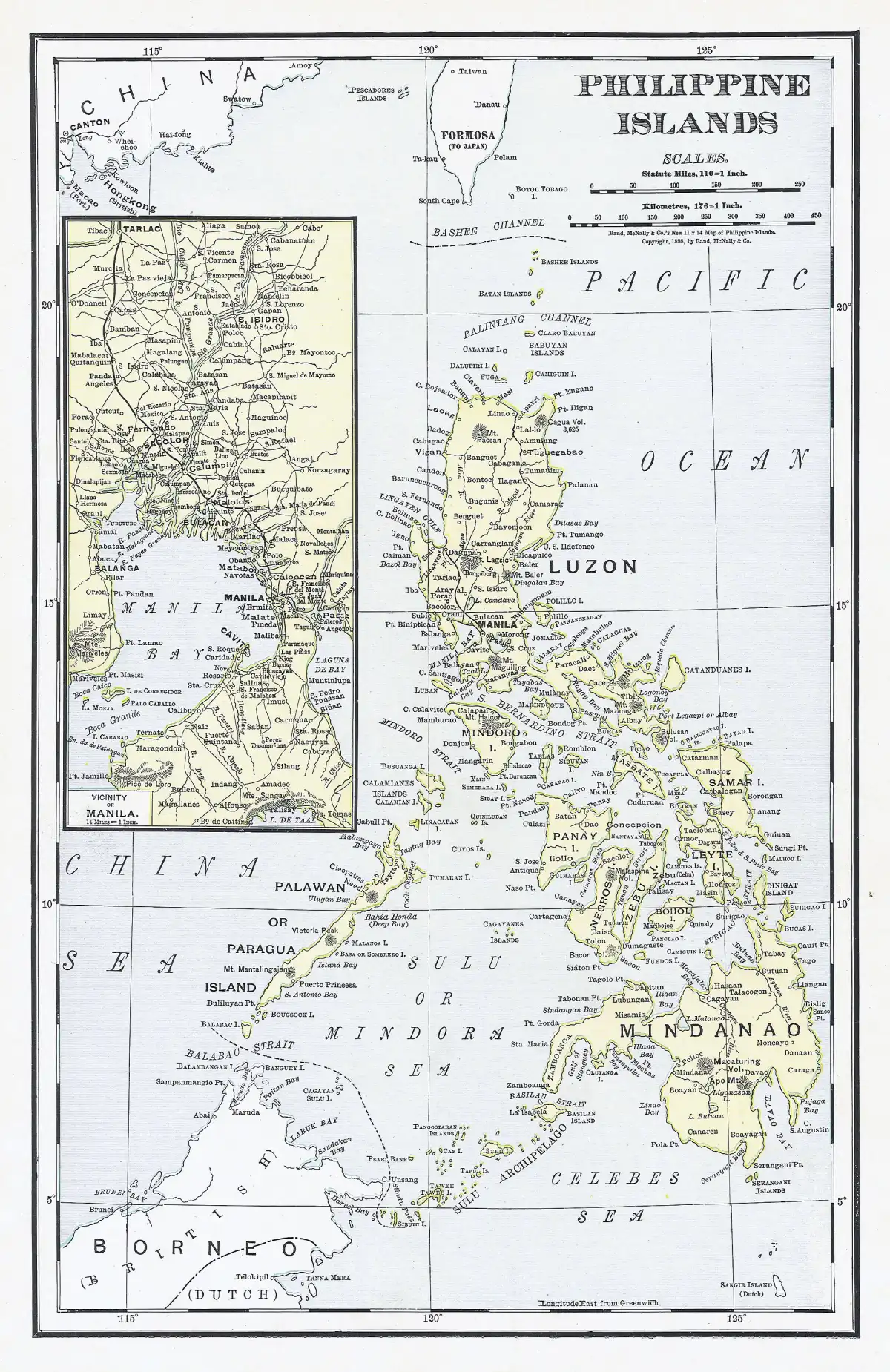 Mapa de las islas Filipinas publicado en 1898, con Luzón y la bahía de Manila en el centro del escenario de la guerra.