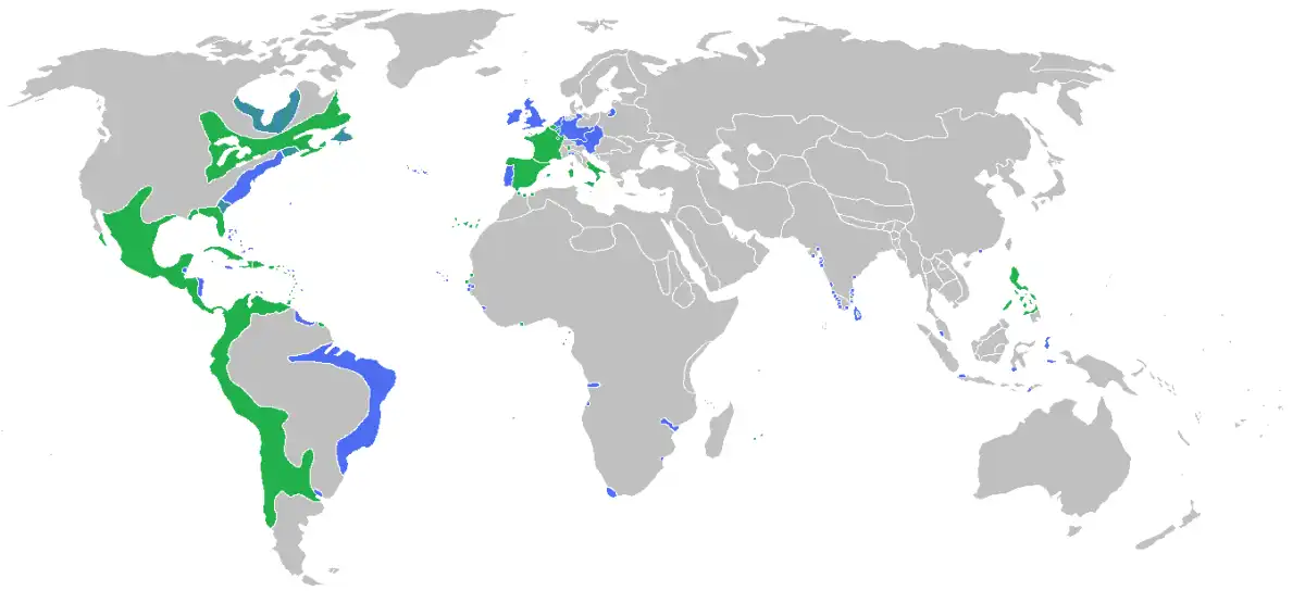 Mapa de los bandos de la guerra de sucesión española: en azul, Gran Bretaña, las Provincias Unidas y Portugal; en verde, España y Francia.