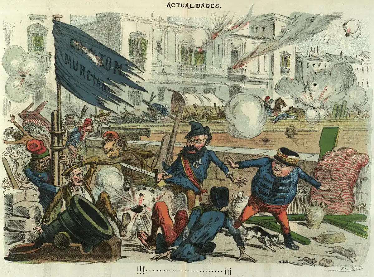 Caricatura de Tomàs Padró publicada en La Madeja Política en diciembre de 1873, con la ciudad de Cartagena bajo el bombardeo gubernamental.