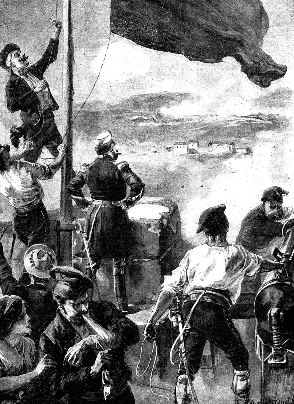 Grabado del izado de la bandera cantonal en el castillo de Galeras de Cartagena el 12 de julio de 1873.