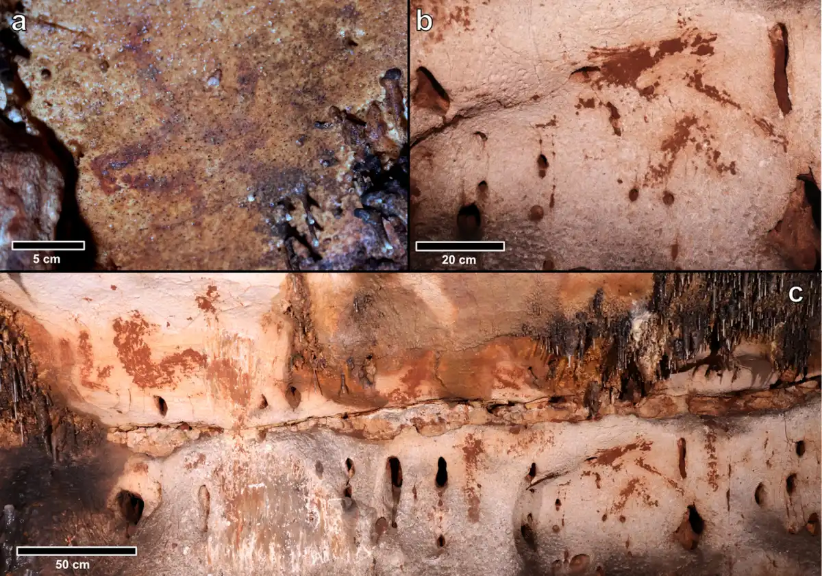Panel científico con detalles de las pinturas rupestres realizadas con arcilla roja en la Cova Dones, Millares (Valencia)