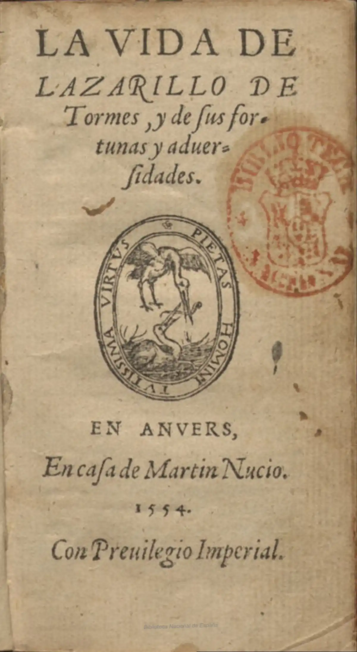Portada de Lazarillo de Tormes (vol. I), Martin Nucio, Amberes, 1554 (Biblioteca Nacional de España).