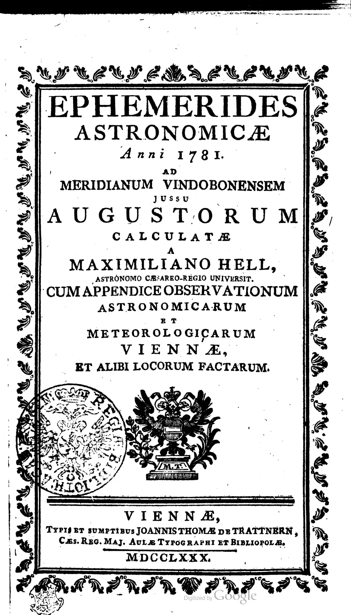 Portada de las Ephemerides Astronomicae Anni 1781, para el año 1781 en el meridiano de Viena, publicadas en 1780.
