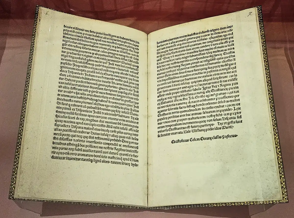 Carta impresa de Cristóbal Colón sobre las islas recién descubiertas de la India, Roma, abril de 1493, expuesta en la Biblioteca Huntington, San Marino, California.