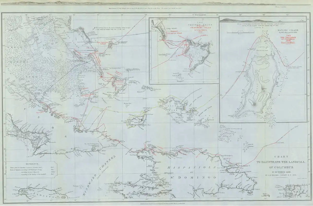 Gráfico que muestra el lugar sugerido de desembarco de Cristóbal Colón en su primer viaje, según A. B. Becher (1856).