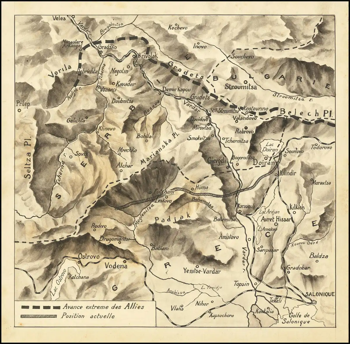 Mapa dibujado a mano del frente macedonio de la Primera Guerra Mundial