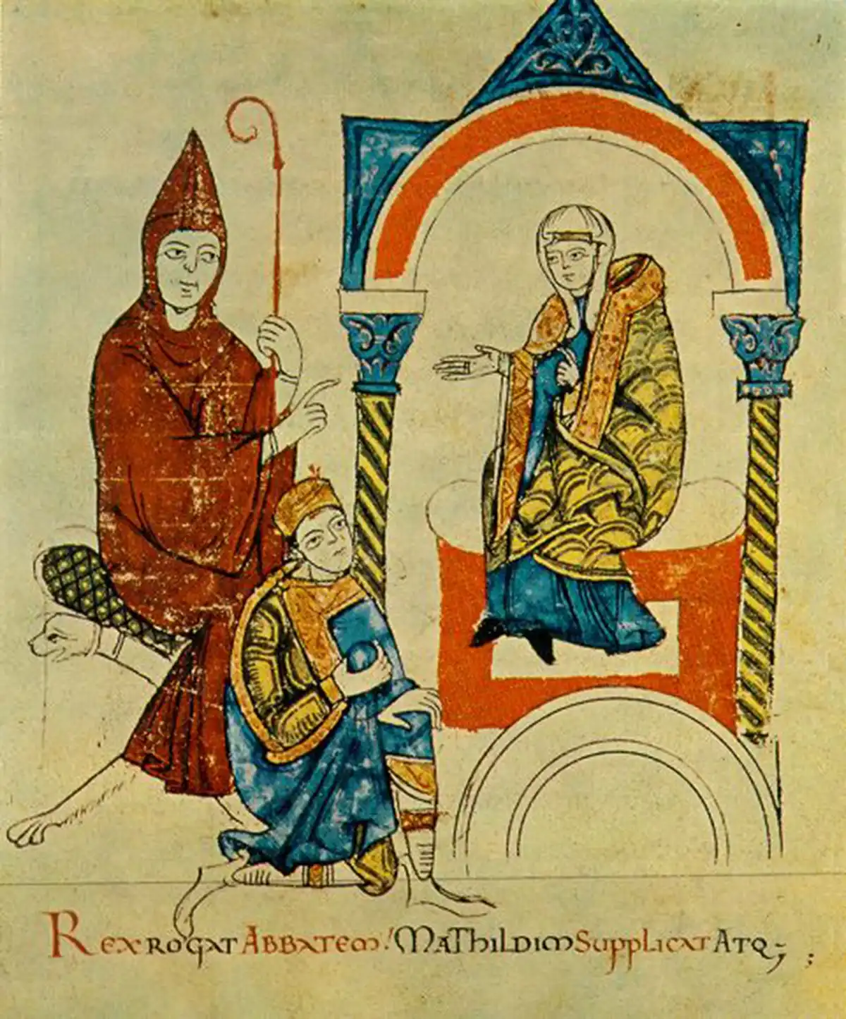 Escena de la Vita Mathildis en la que Enrique IV pide ayuda a Hugo de Cluny y a Matilde de Canossa, testimonio visual de la crisis que precedió a Worms.