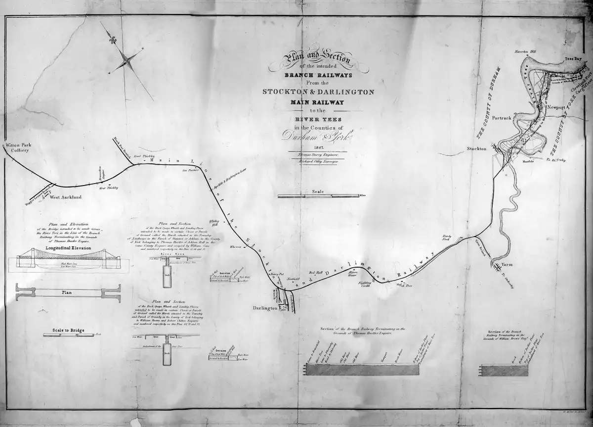 Plano y sección de los ramales ferroviarios proyectados desde el ferrocarril principal Stockton y Darlington hasta el río Tees, en Durham y York, 1827.