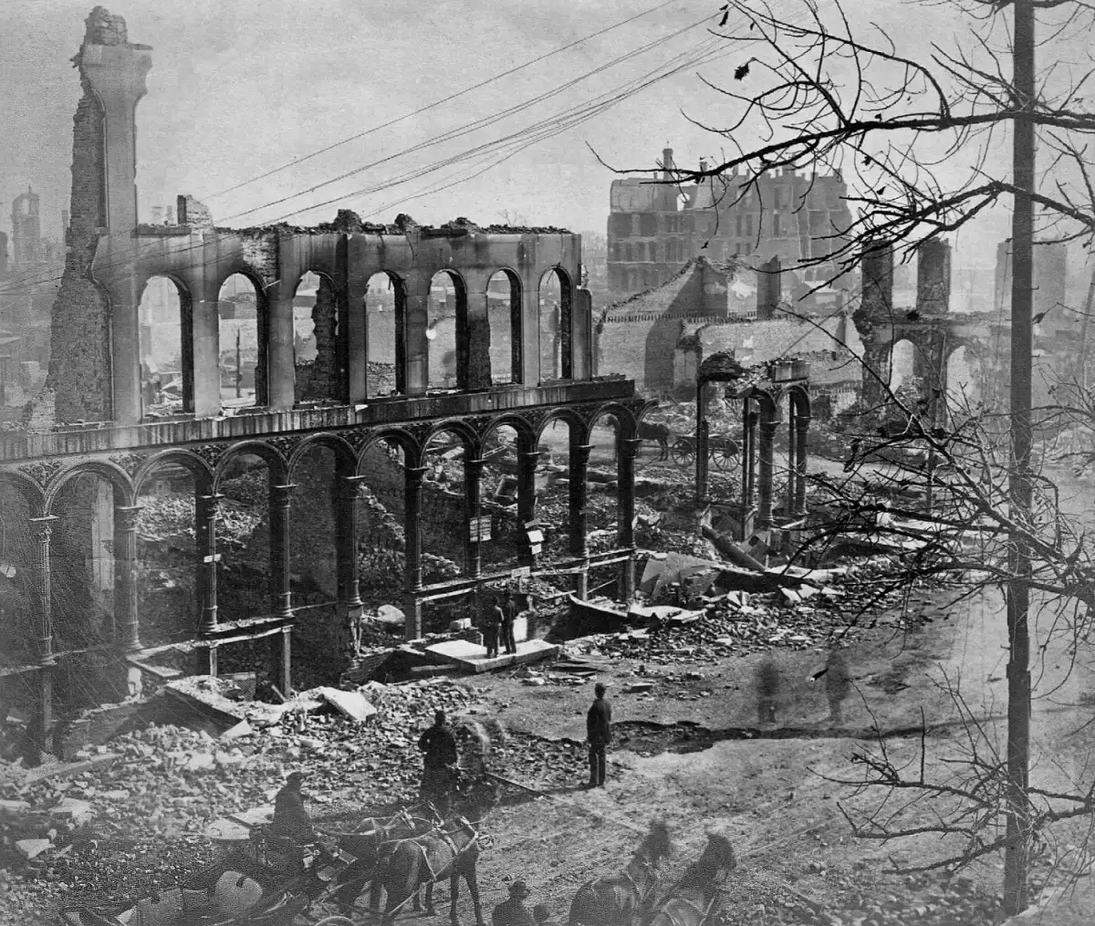 Edificios destruidos tras el Gran Incendio de Chicago de 1871.