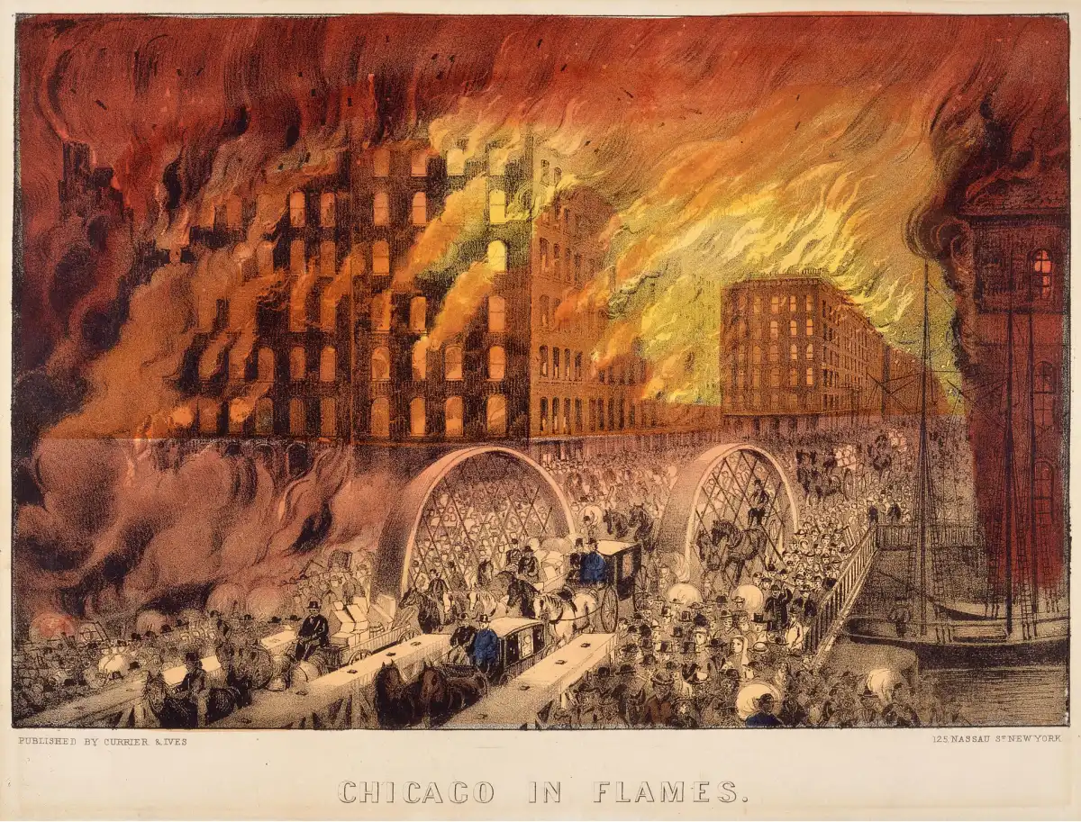 Litografía de Currier & Ives que muestra a personas huyendo por el puente de Randolph Street durante el Gran Incendio de Chicago.