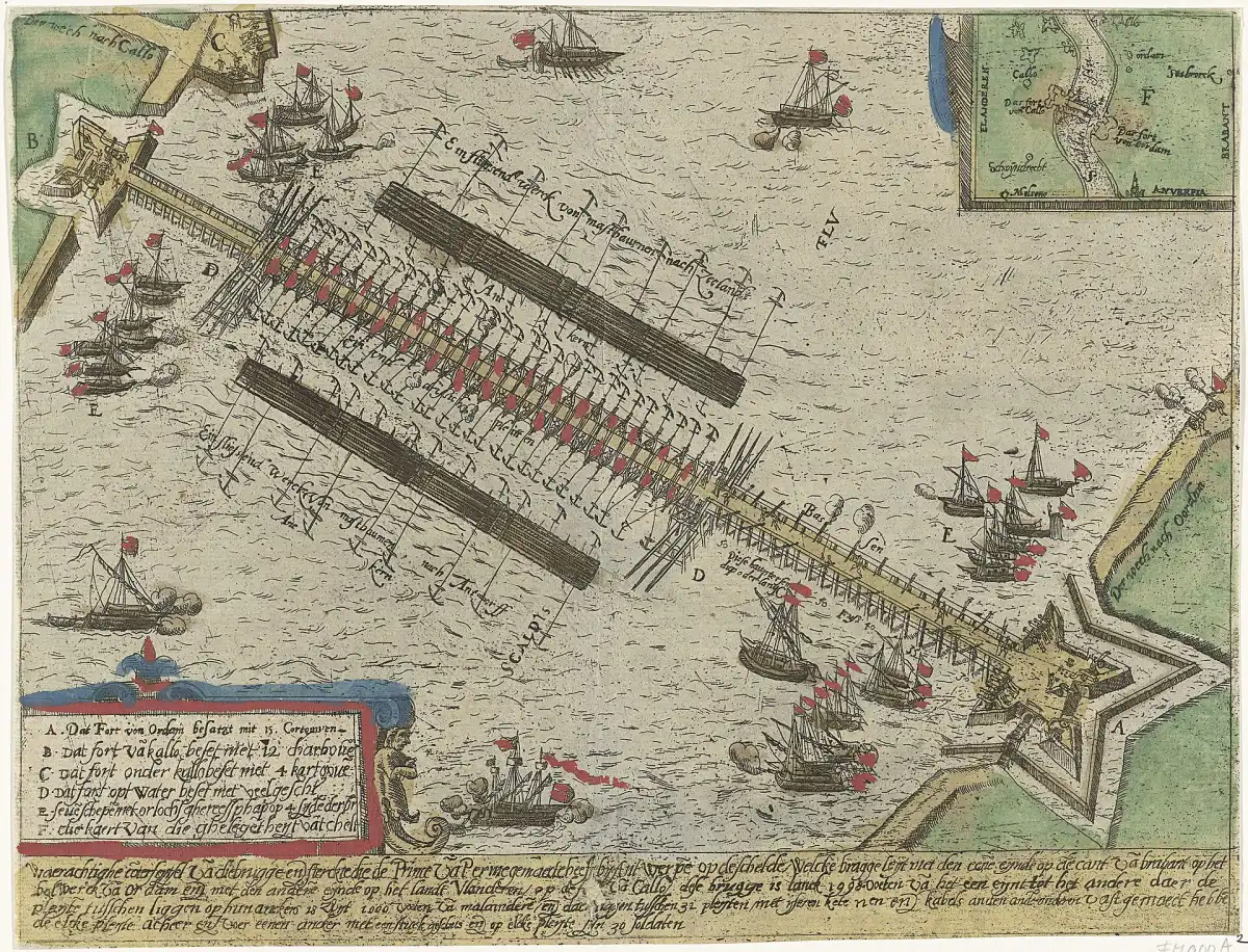 Grabado de época del puente de barcas que Alejandro Farnesio tendió sobre el río Escalda durante el asedio de Amberes de 1585, con los intentos neerlandeses de destruirlo con brulotes