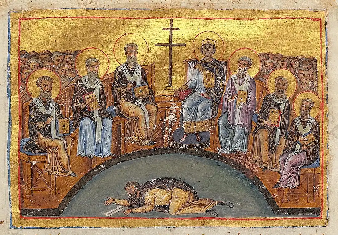 Segundo Concilio de Nicea, en el Menologio de Basilio II, 976–1025 (Vat. gr. 1613, fol. 108).