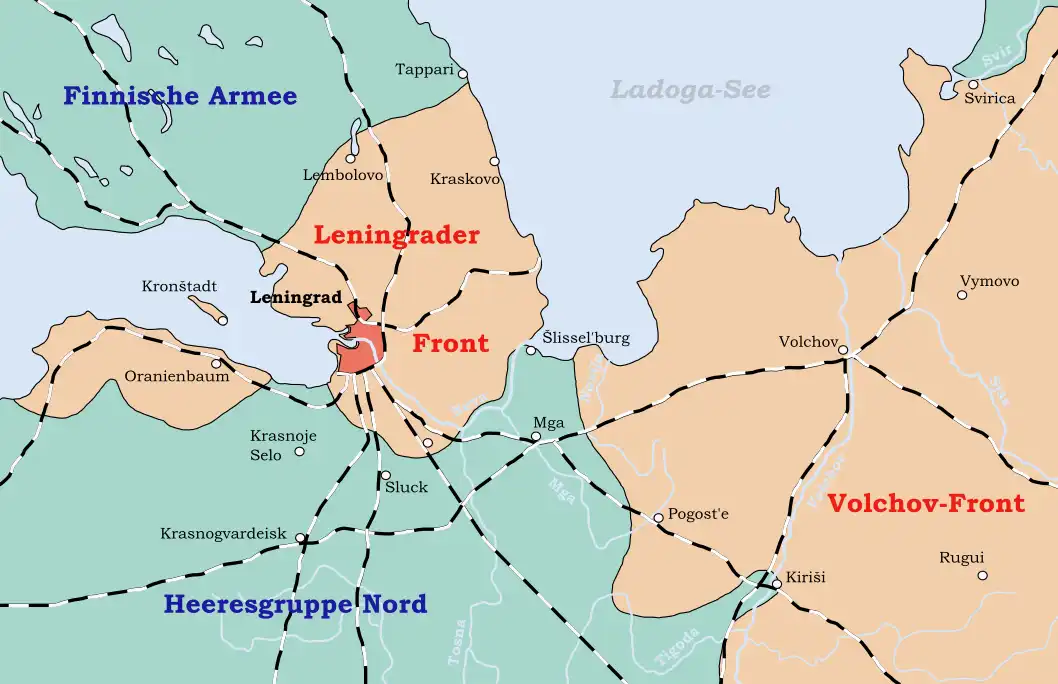 Mapa del frente del sitio de Leningrado entre mayo de 1942 y enero de 1943, con las posiciones del Ejército alemán, finlandés y soviético