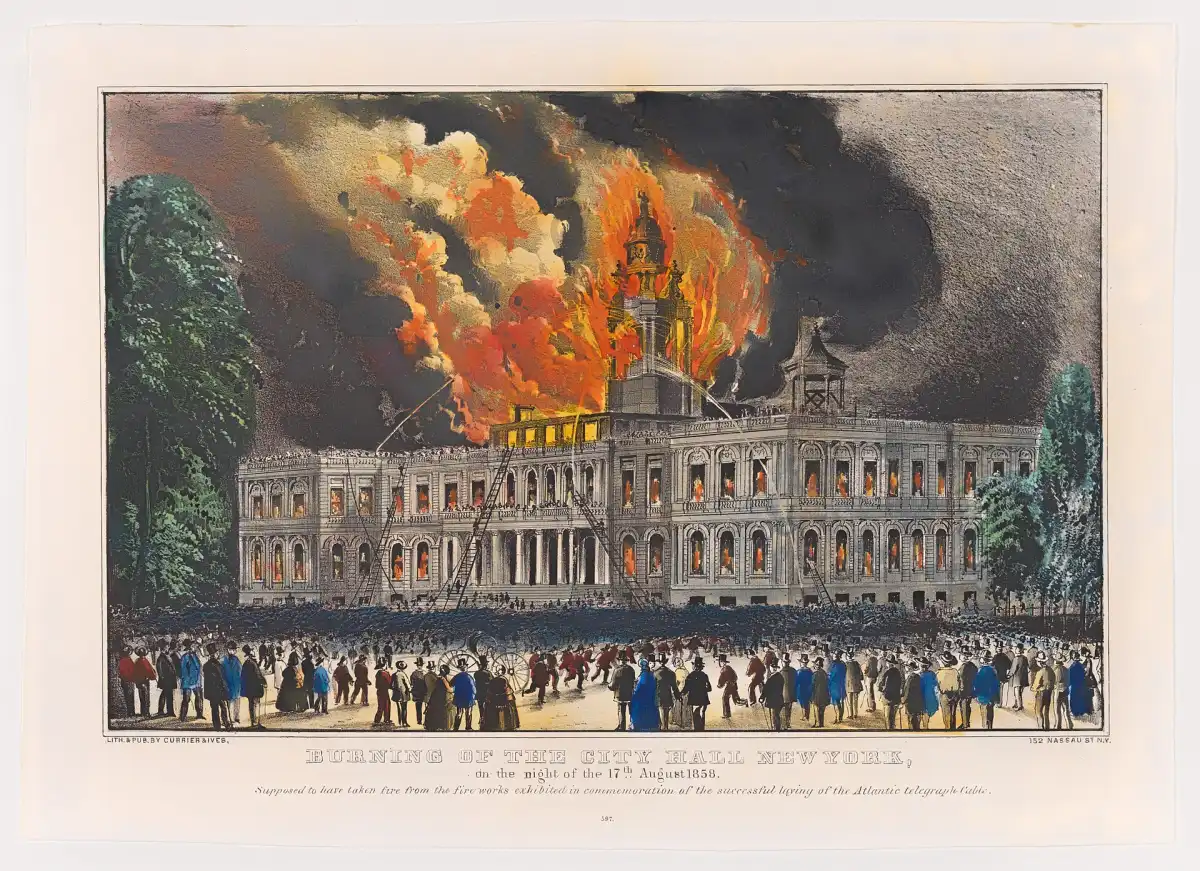 Litografía de Currier &amp; Ives que documenta el incendio del ayuntamiento de Nueva York, la noche del 17 de agosto de 1858, provocado por los fuegos artificiales de la celebración