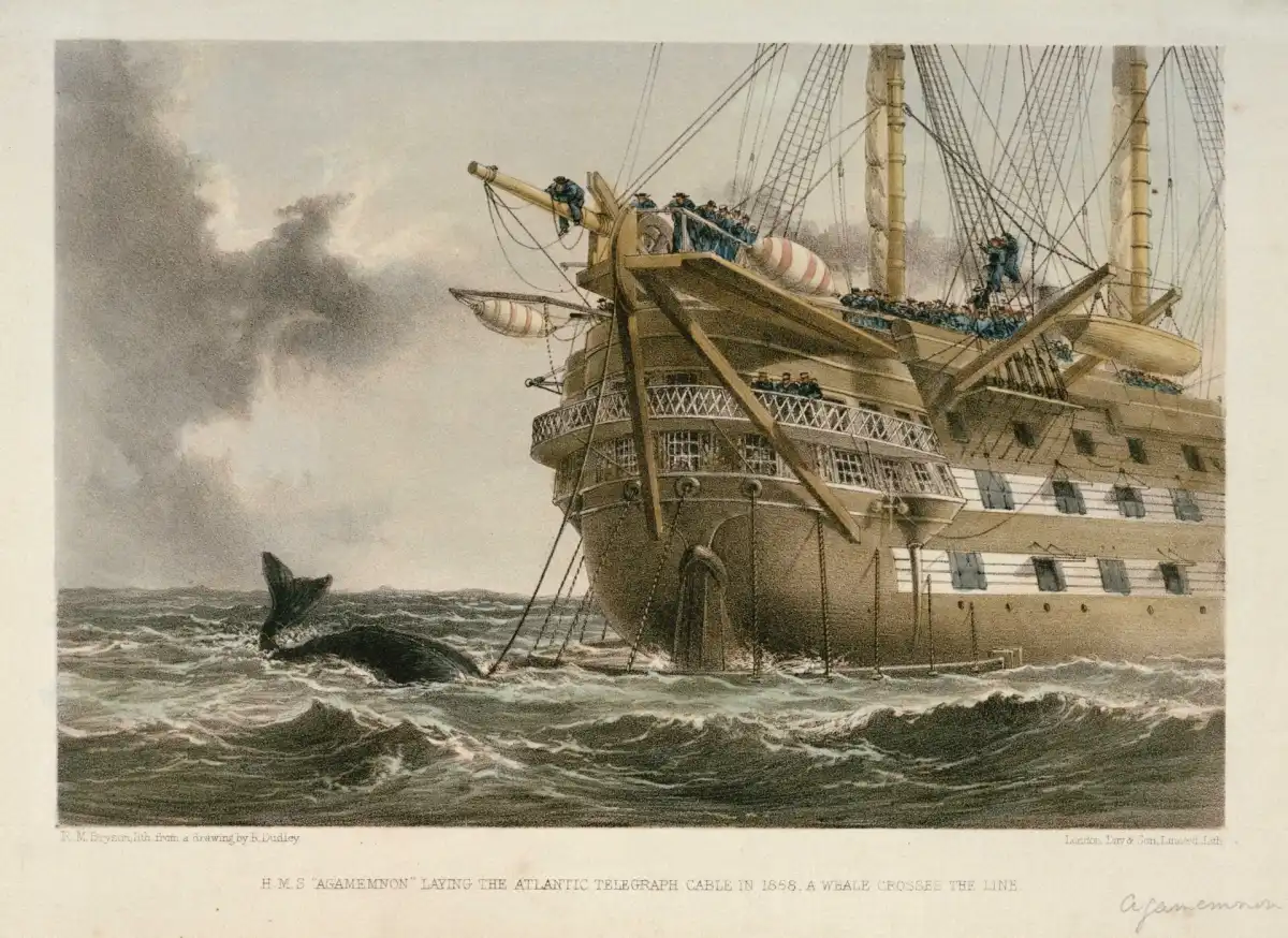 Grabado de época del HMS Agamemnon tendiendo el cable telegráfico transatlántico en pleno océano