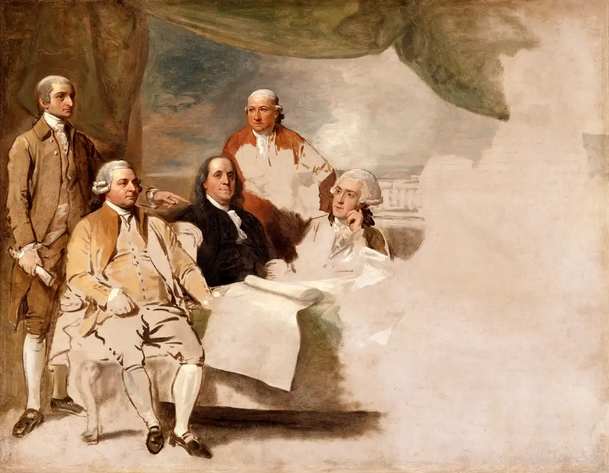 El cuadro inacabado de Benjamin West sobre los comisionados estadounidenses en las negociaciones de paz de 1783; los delegados británicos se negaron a posar y la obra quedó sin terminar