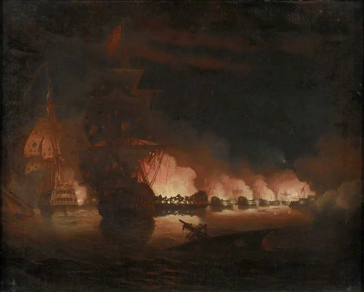 Destrucción de las baterías flotantes hispanofrancesas frente a Gibraltar, en septiembre de 1782, en un óleo de John Trumbull