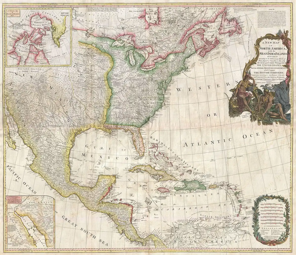 Mapa de las fronteras norteamericanas trazadas tras los tratados de 1783, con España al frente de ambas Floridas