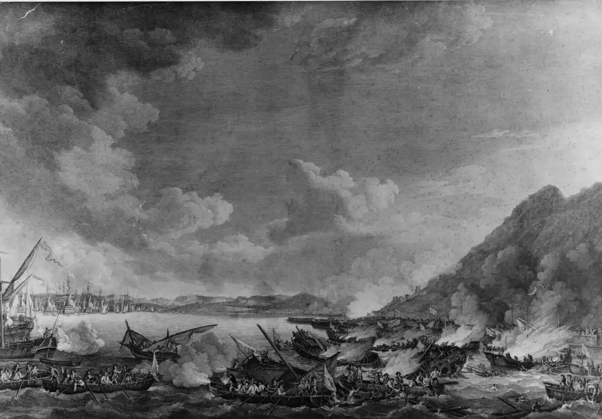 Ataque a Gibraltar, septiembre de 1782: grabado de James Fittler según una pintura de Richard Paton, publicado en Londres en 1784, que muestra la destrucción de las baterías flotantes españolas.