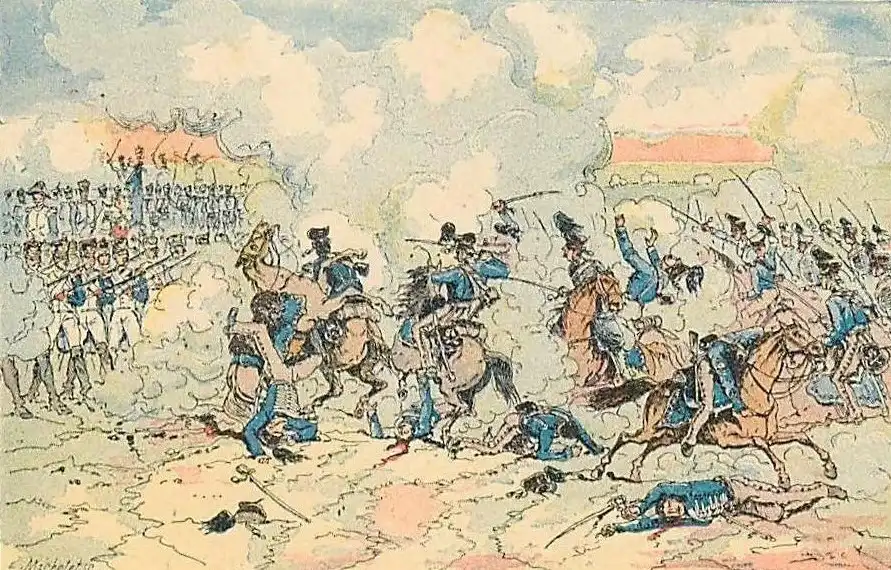 Batalla de Auerstaedt, 14 de octubre de 1806: la infantería francesa formada en cuadros rechaza las cargas de la caballería prusiana.