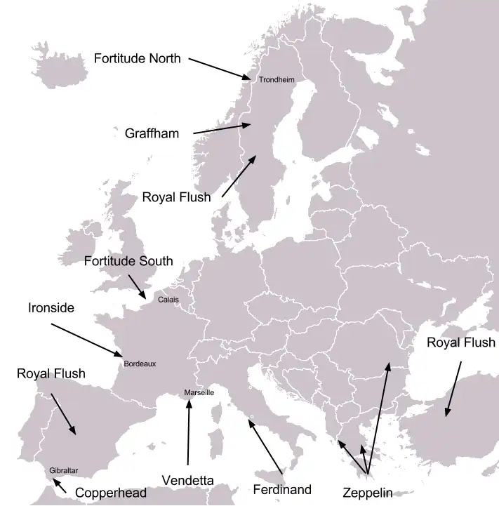 Mapa de los planes subordinados de la Operación Bodyguard, el engaño de 1944 en apoyo del desembarco aliado en Normandía (Día D).