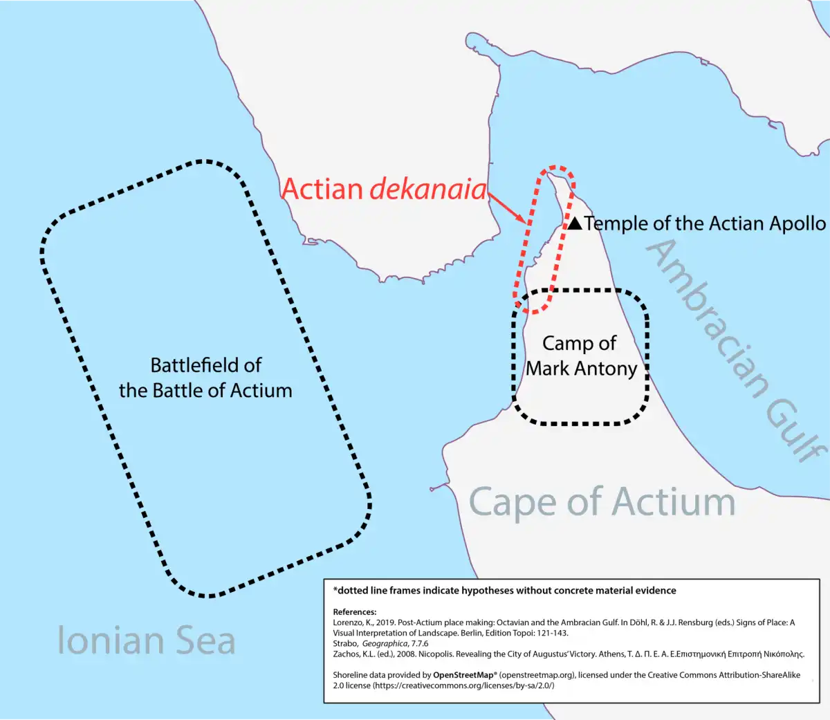 Mapa del emplazamiento naval de la batalla de Actium (31 a.C.), con el campamento de Marco Antonio y el cabo de Accio