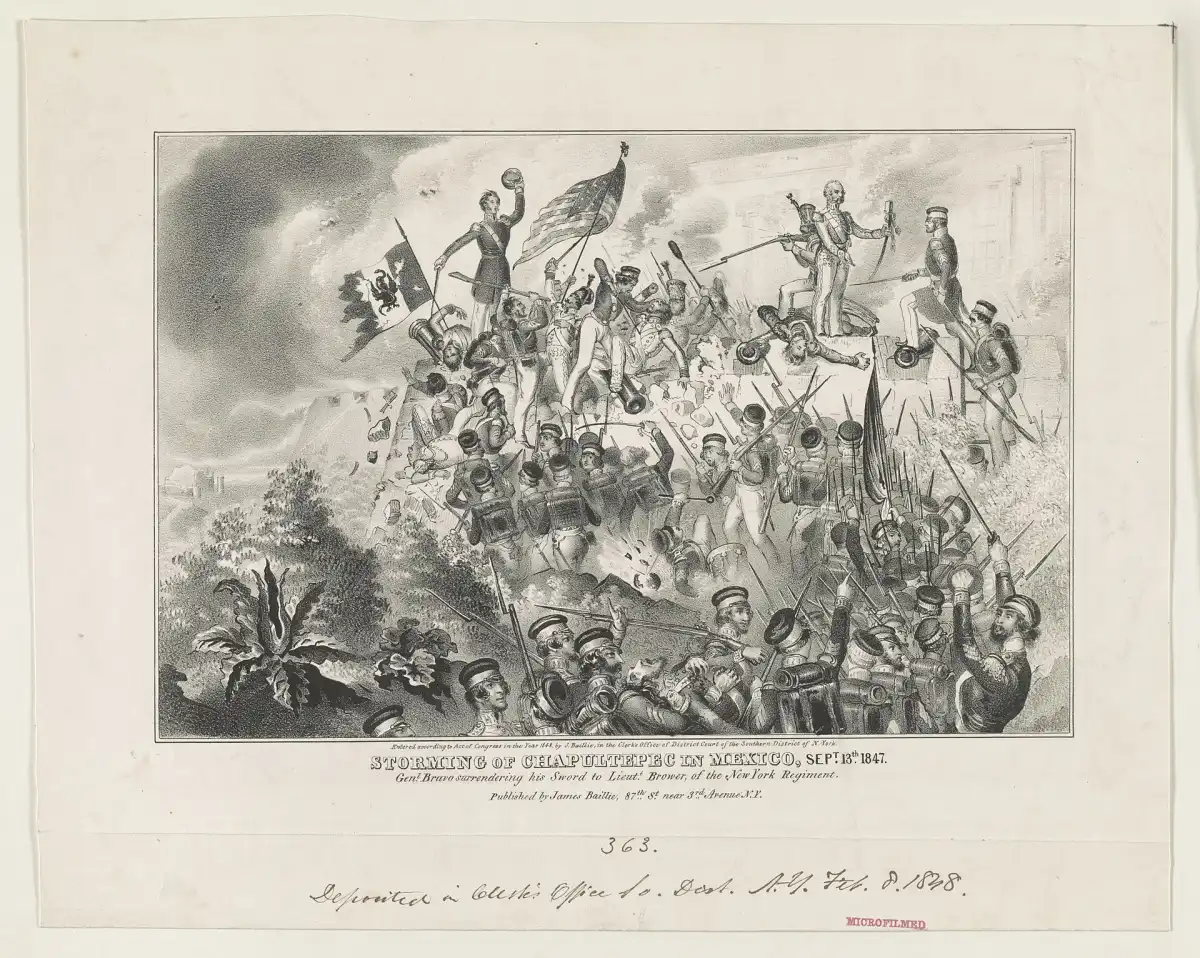 Litografía de época "Storming of Chapultepec in Mexico, Sept. 13th 1847", con la rendición del general Bravo ante el teniente Brower