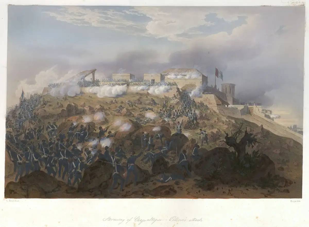 Litografía de época que representa el asalto estadounidense al castillo de Chapultepec el 13 de septiembre de 1847