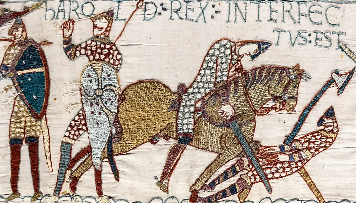 Tapiz de Bayeux, escena 57: muerte del rey Haroldo en la batalla de Hastings.
