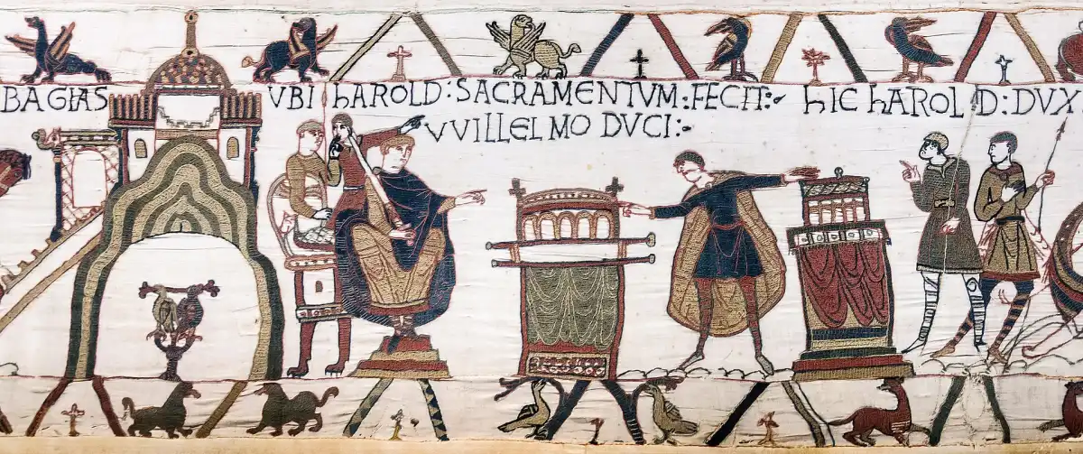 Tapiz de Bayeux, escena 23: Harold jura sobre reliquias sagradas ante Guillermo, duque de Normandía.