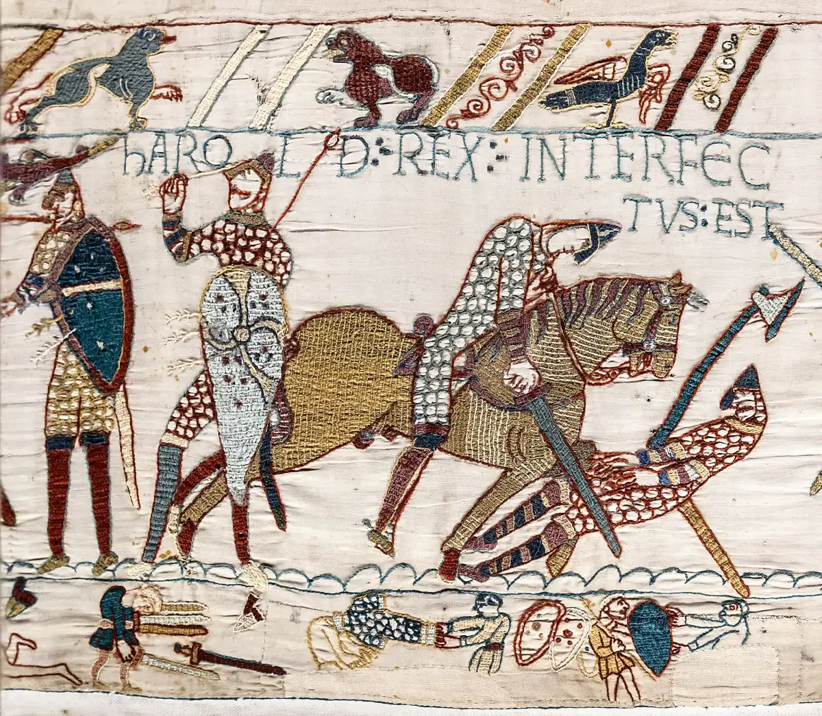 Tapiz de Bayeux, escena 57: muerte del rey Haroldo en la batalla de Hastings.