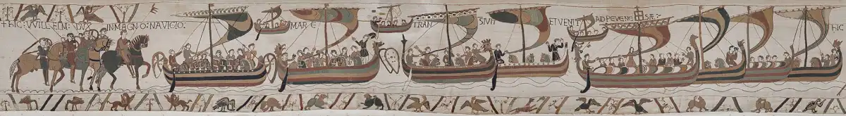 Escena 38 del Tapiz de Bayeux: el duque Guillermo y sus hombres cruzan el mar y llegan a Pevensey.
