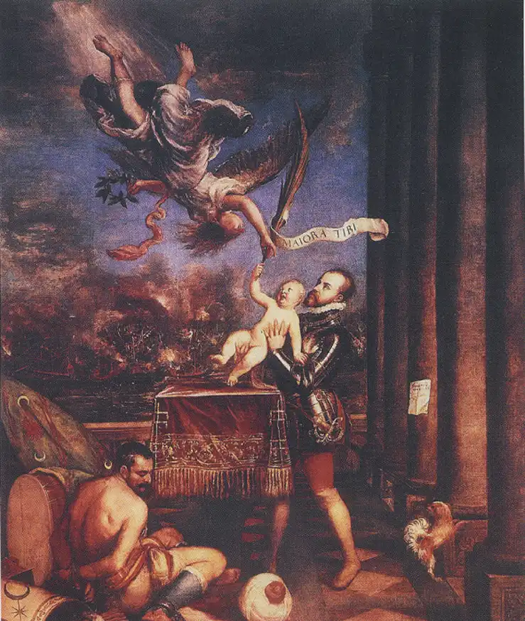 Tiziano, "Felipe II ofrece al príncipe Fernando al cielo tras la victoria de Lepanto", 1572-1575, óleo sobre lienzo, Museo del Prado, Madrid.