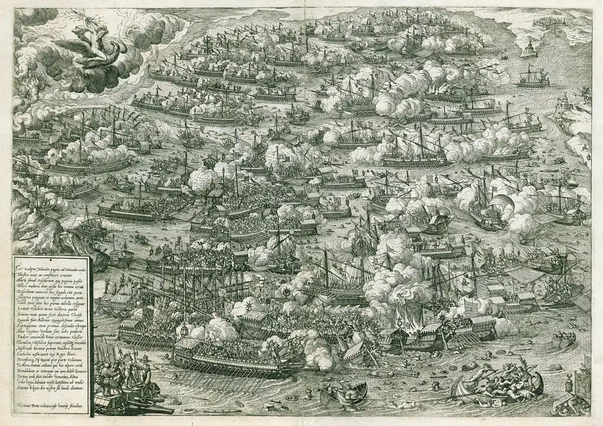 Grabado de Martin Rota de la batalla de Lepanto (1571), victoria cristiana sobre los turcos frente a las islas Equínadas.