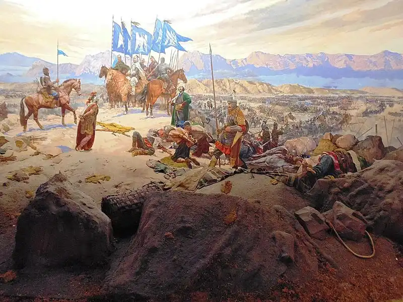 Recreación en diorama de la batalla de Manzikert de 1071, con la caballería selyúcida y el emperador bizantino capturado