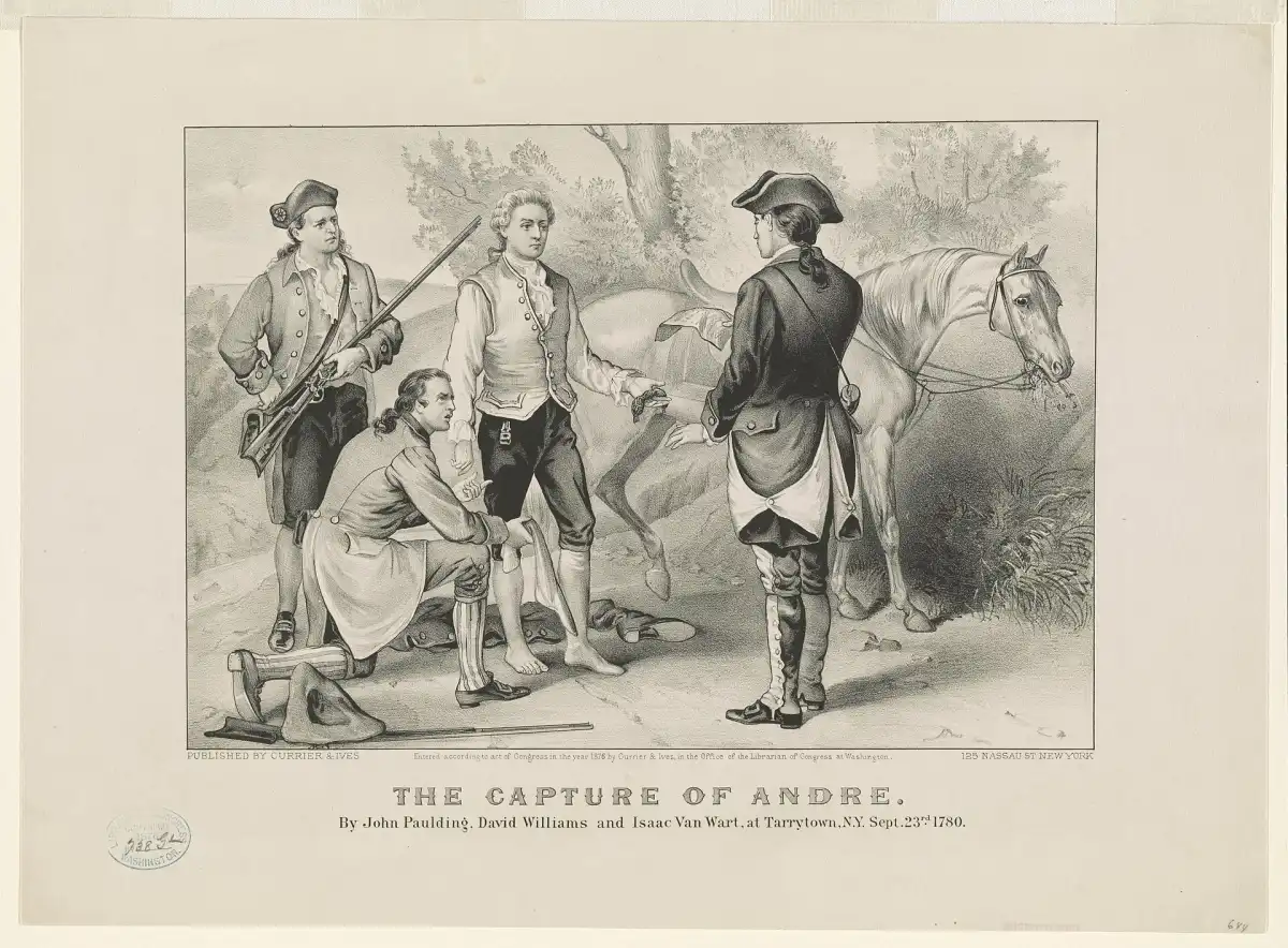 Litografía de Currier & Ives que representa la captura de John André por John Paulding, David Williams e Isaac Van Wart en Tarrytown, Nueva York, el 23 de septiembre de 1780