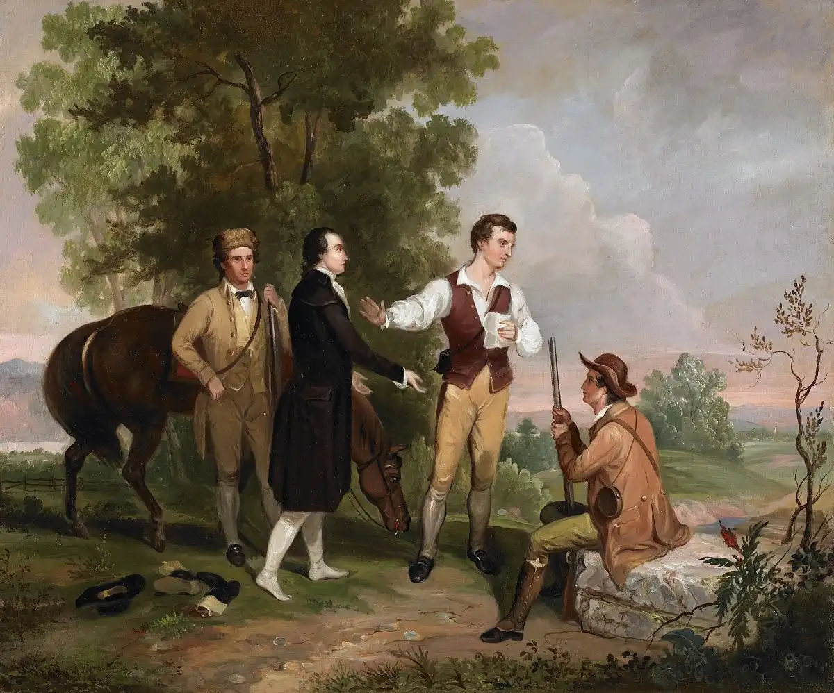 El cuadro representa al espía británico John André detenido por milicianos armados en Nueva York; copia de 1845 de la obra original de Durand de 1833.