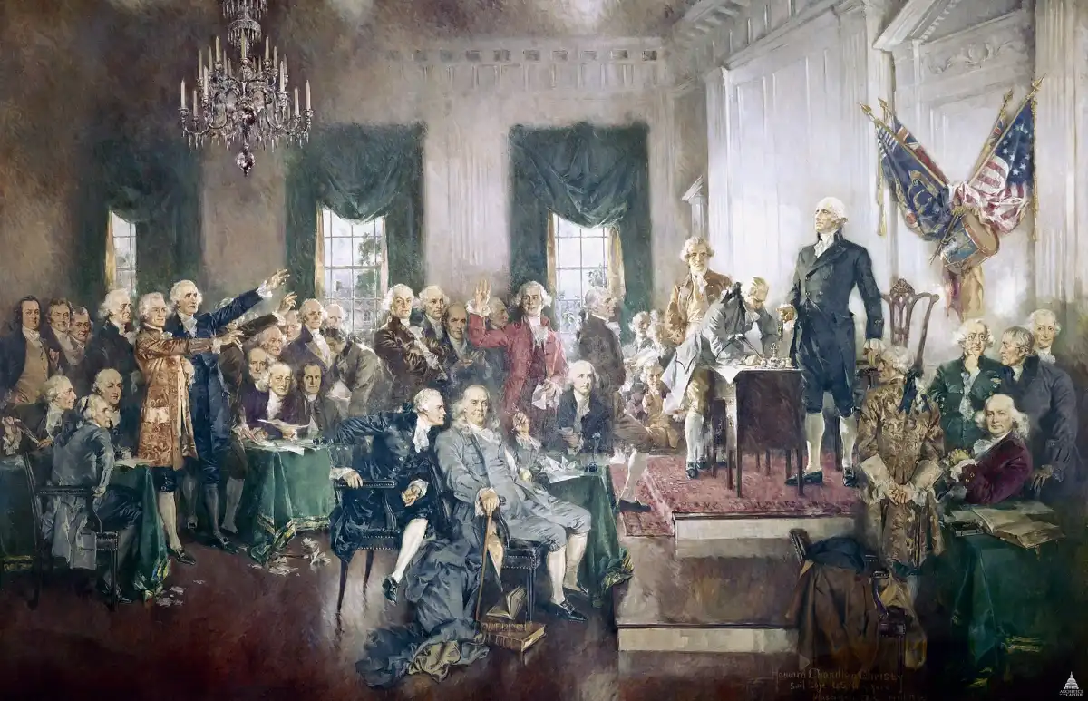 Escena de la firma de la Constitución de Estados Unidos, representada en el cuadro de Howard Chandler Christy que hoy cuelga en el Capitolio