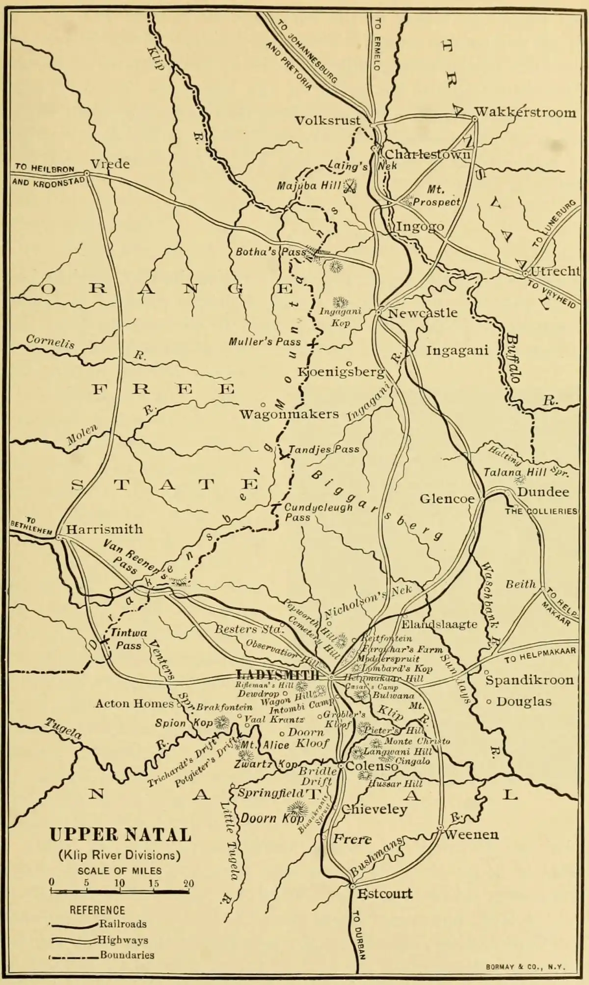 Mapa del teatro de operaciones de Natal durante la Guerra de los Bóeres (1899-1902).