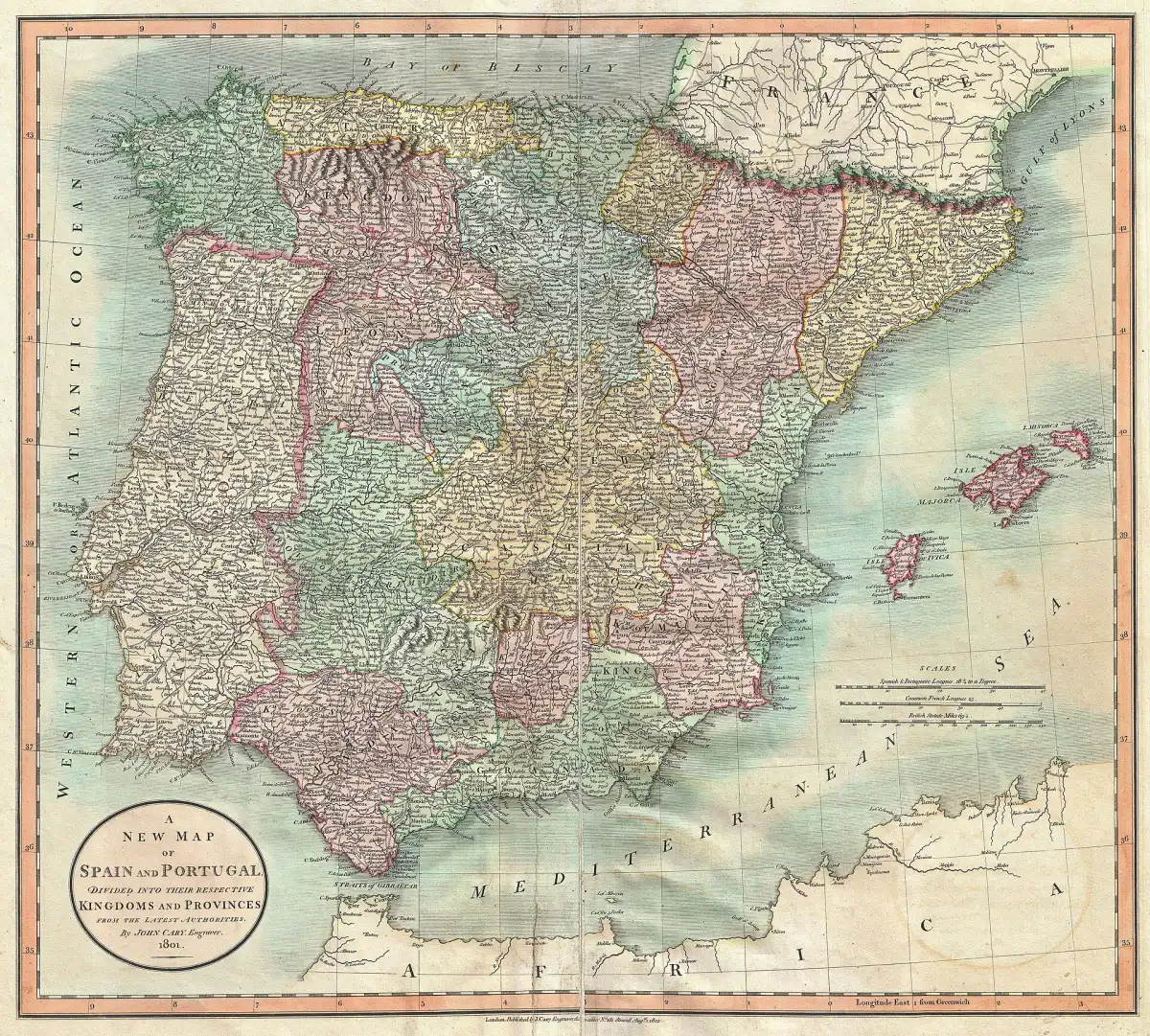 Atractivo mapa de España y Portugal de John Cary (1801) que abarca toda Iberia, Baleares, el norte de África y parte de Francia, con codificación por regiones.