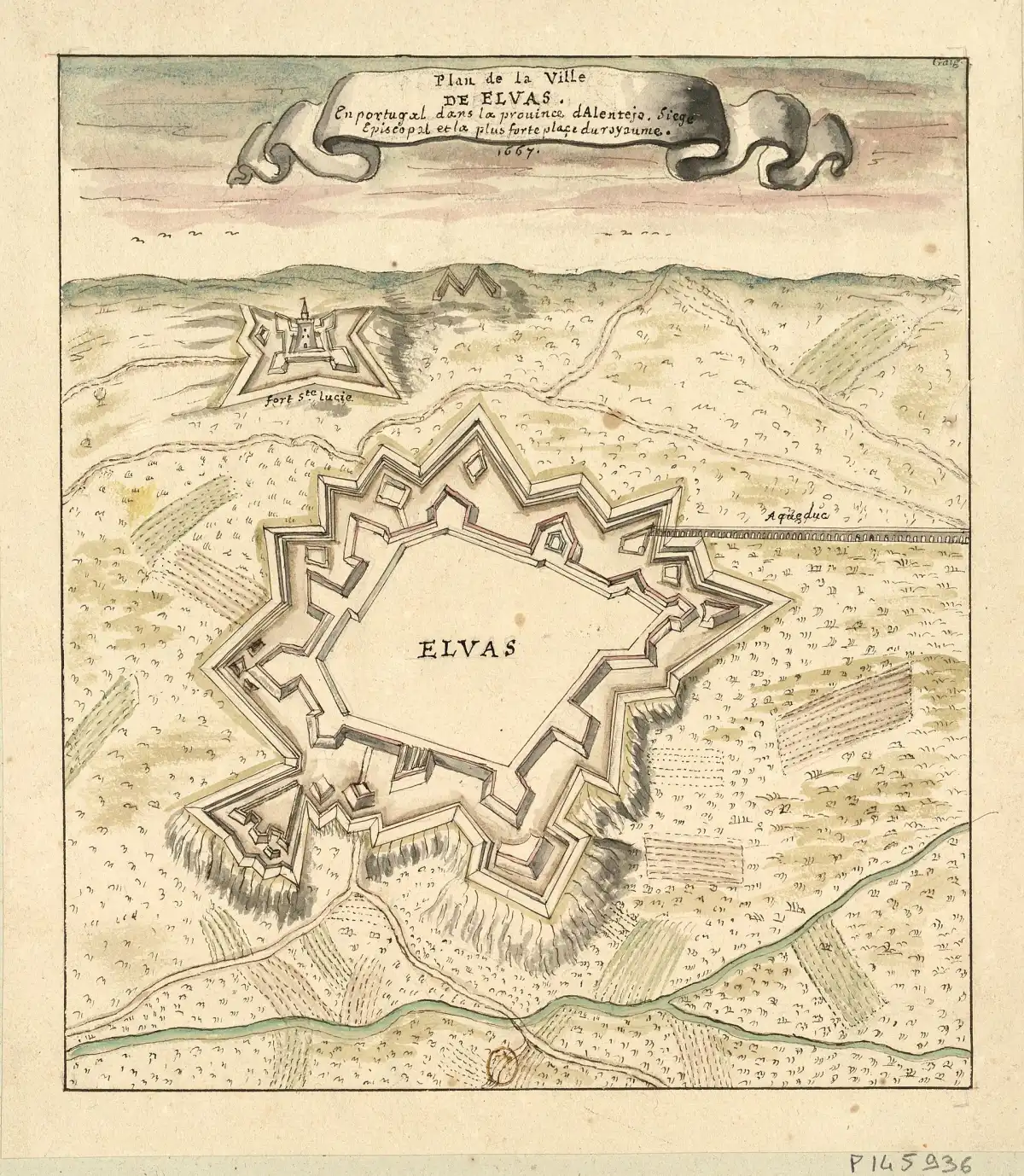 Plano histórico de Elvas dibujado por Louis Boudan en 1667, que muestra la ciudad amurallada y sus defensas.