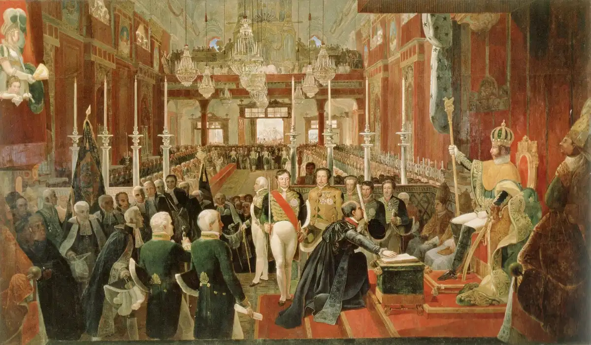 La coronación de Pedro I como primer emperador de Brasil, el 1 de diciembre de 1822, en una obra del pintor francés Jean-Baptiste Debret.