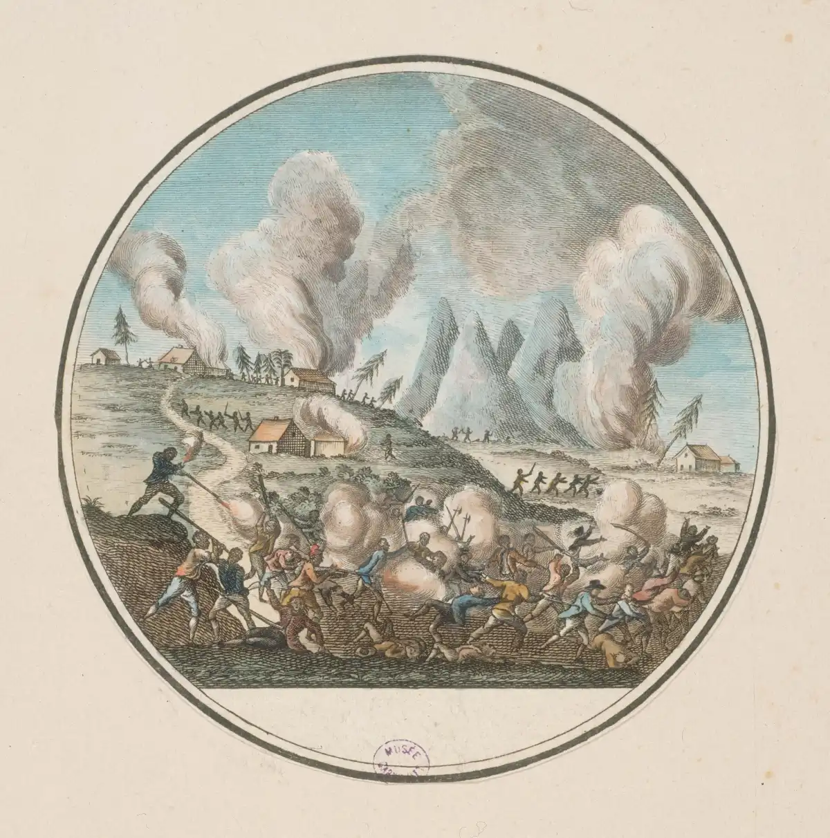 Grabado de época coloreado que representa la insurrección de los esclavos de Saint-Domingue contra los colonos, el 22 de agosto de 1791