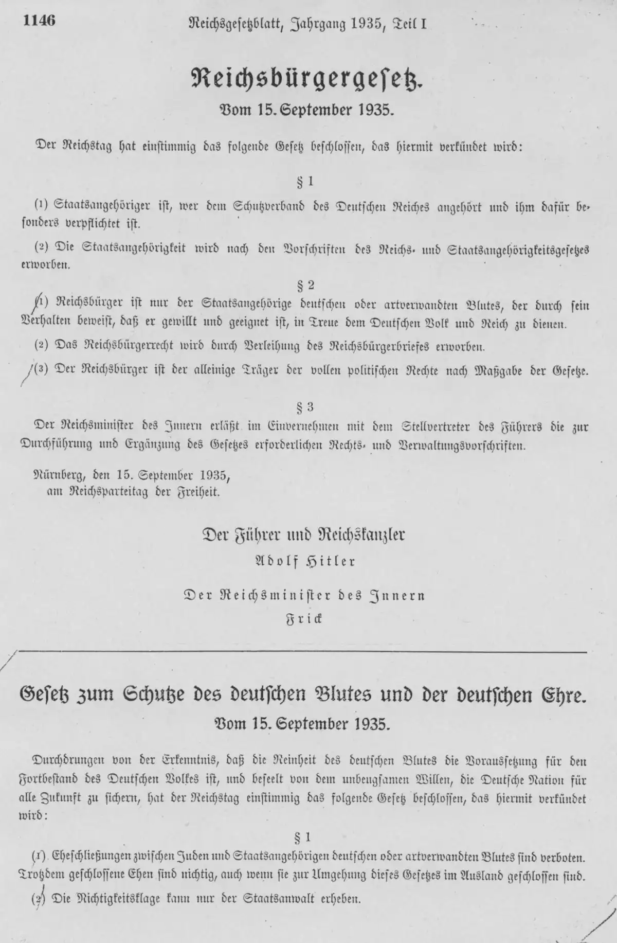 Página del Reichsgesetzblatt, el boletín oficial alemán, con el texto publicado de las Leyes de Núremberg.