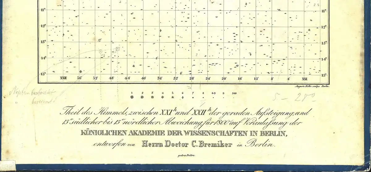Fragmento de la carta celeste Hora XXI de la Academia de Ciencias de Berlín, completada por Carl Bremiker (iniciada en 1826, impresa en 1845), usada por Galle y d'Arrest en 1846 para descubrir Neptuno.