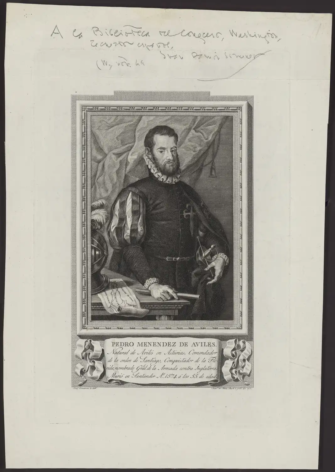 Retrato grabado de Pedro Menéndez de Avilés, natural de Avilés, comendador de la orden de Santiago y conquistador de la Florida, conservado en la Biblioteca del Congreso de Washington