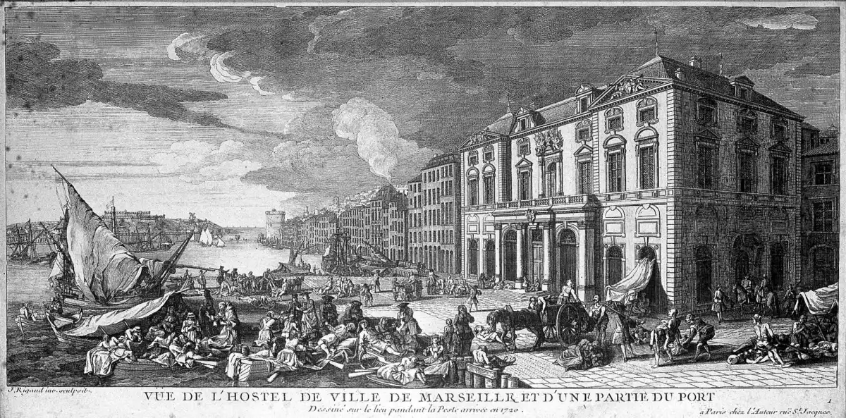El puerto de Marsella durante la peste de 1720. Grabado de J. Rigaud según M. Serre.